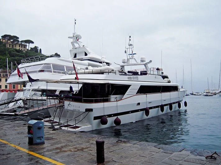 a boat docked at a pier aboard AVELLA Yacht for Sale
