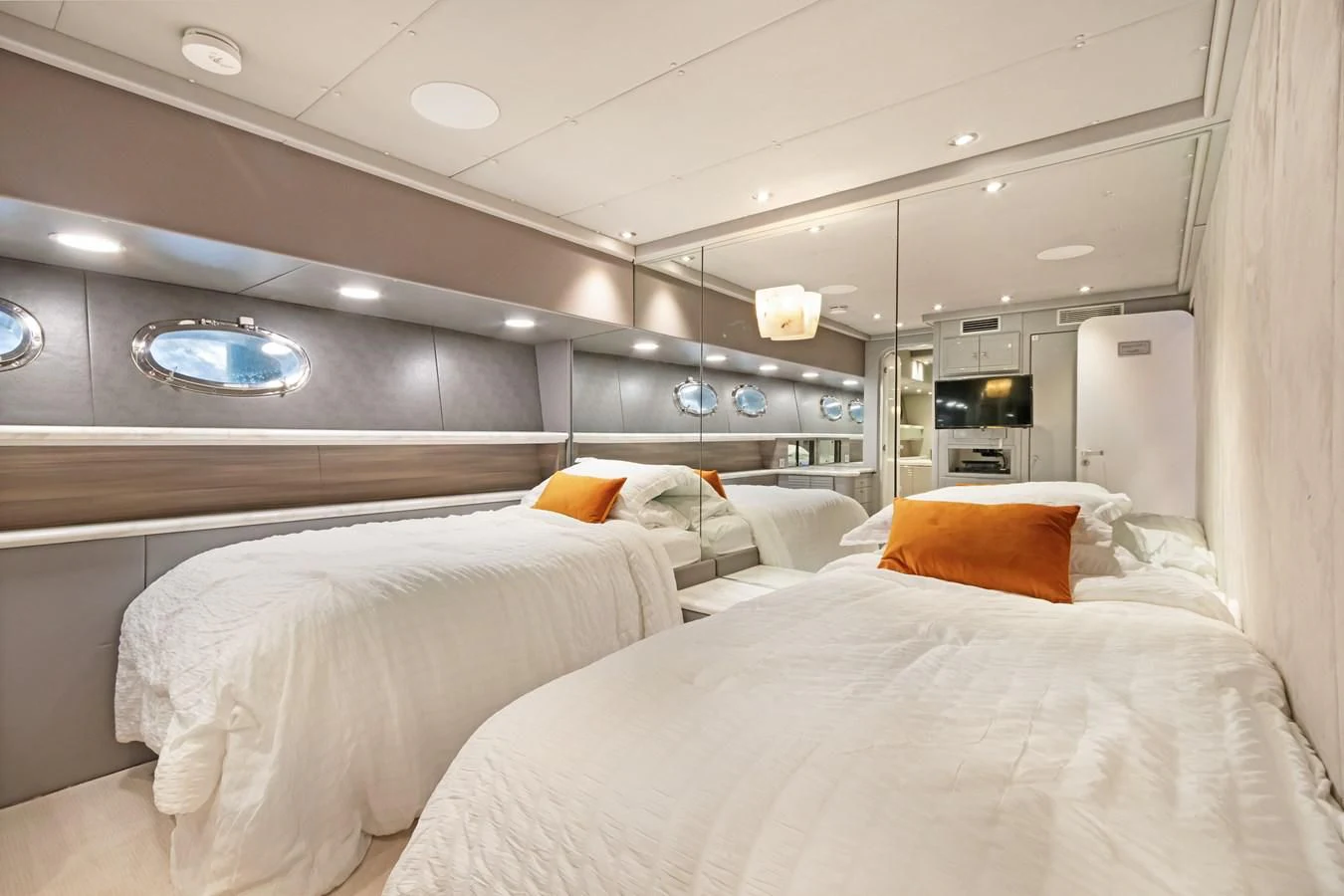a room with a bed and a mirror aboard MARY KATHLENE Yacht for Sale