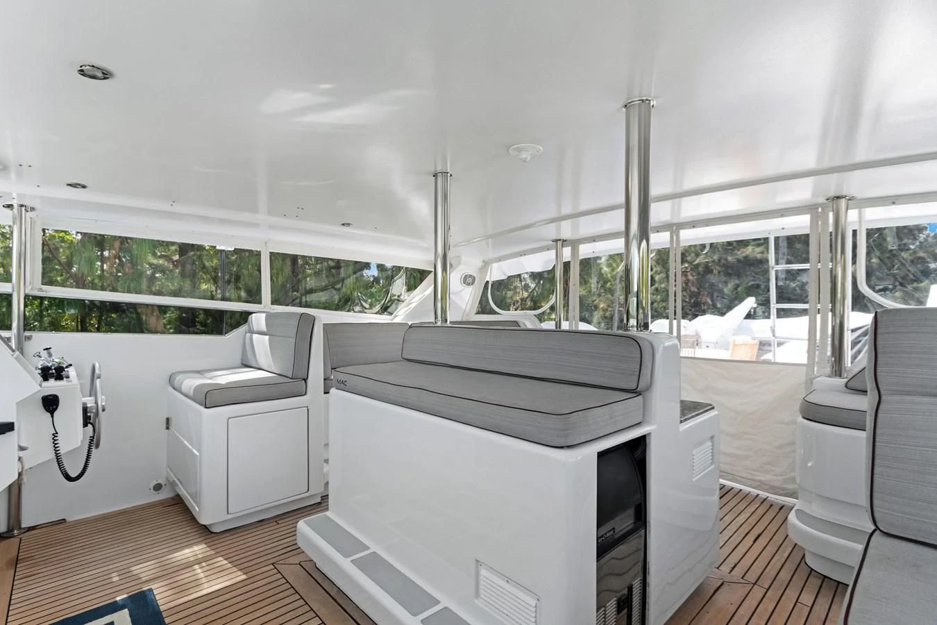 a room with a large window and a desk with a computer aboard MARY KATHLENE Yacht for Sale
