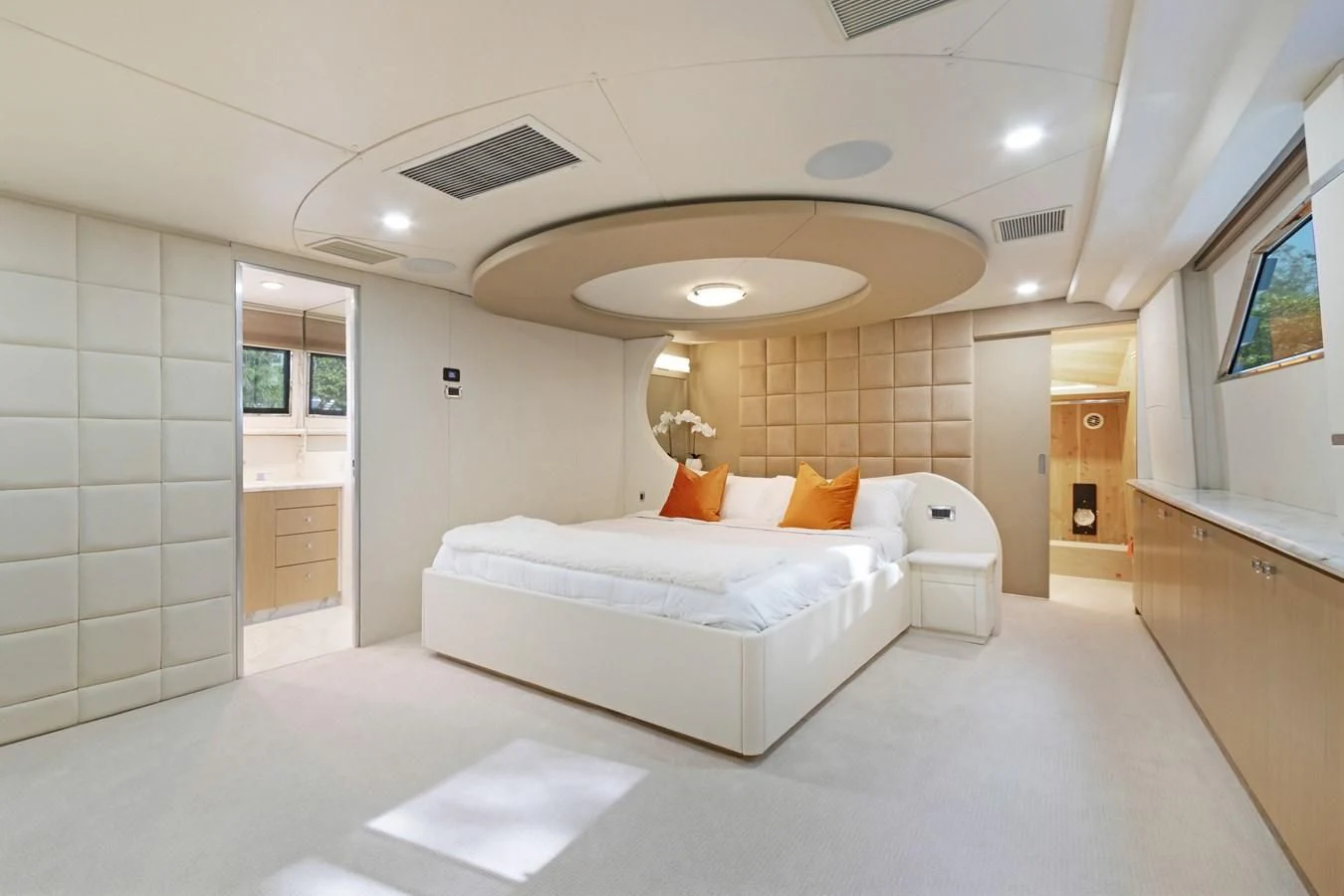 a large white bed in a room aboard MARY KATHLENE Yacht for Sale