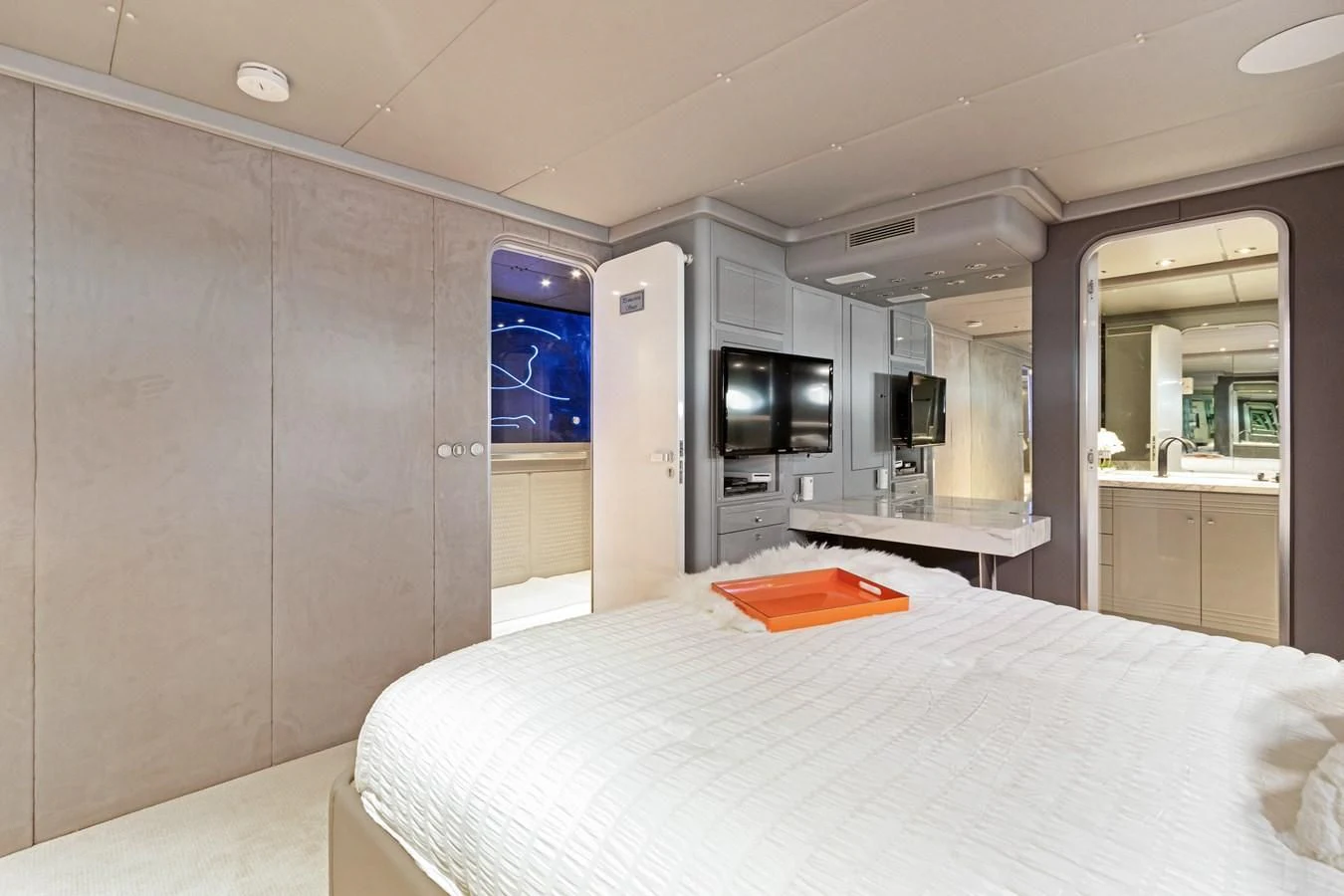 a large room with a bed and a desk aboard MARY KATHLENE Yacht for Sale