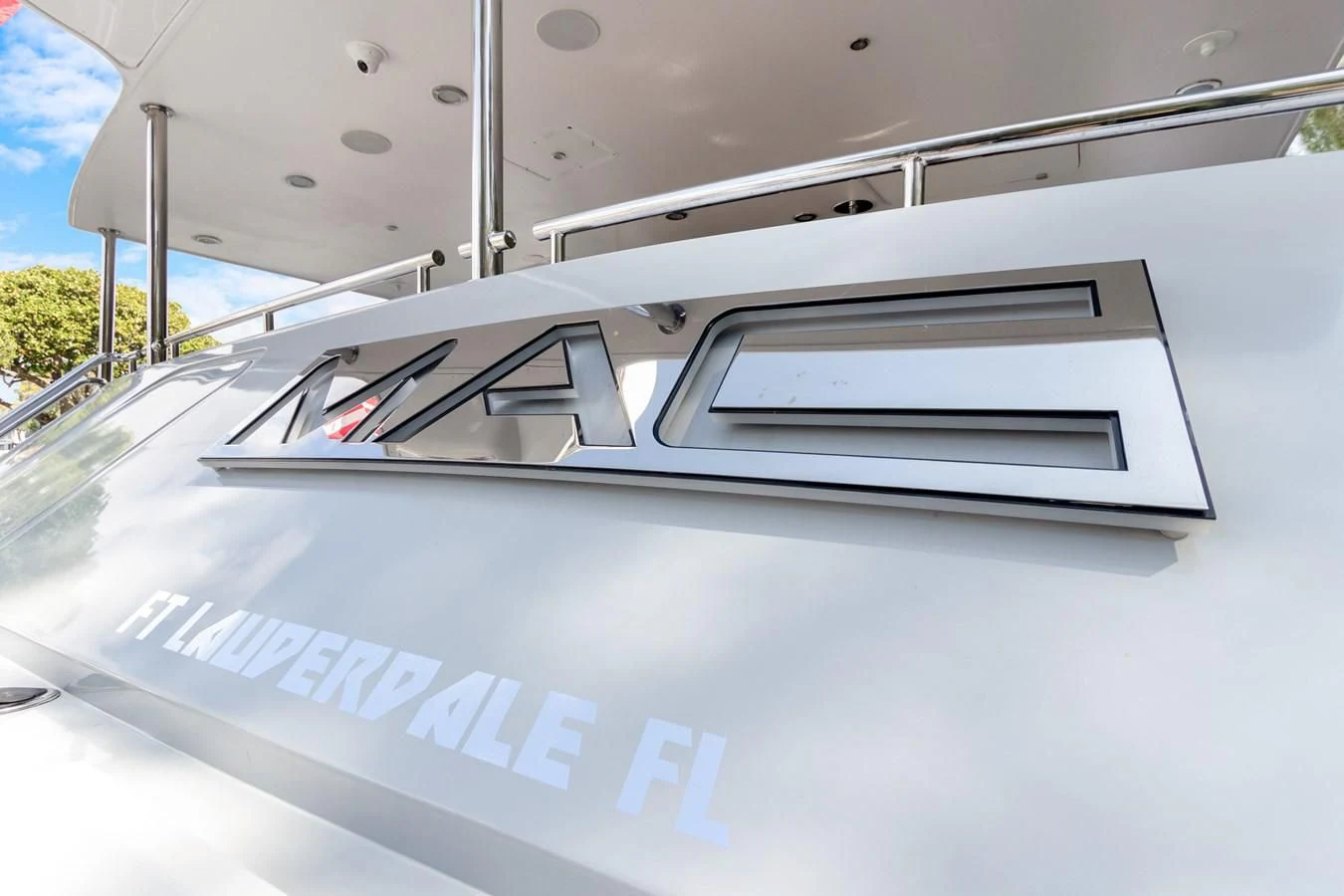 the front of a white car aboard MARY KATHLENE Yacht for Sale