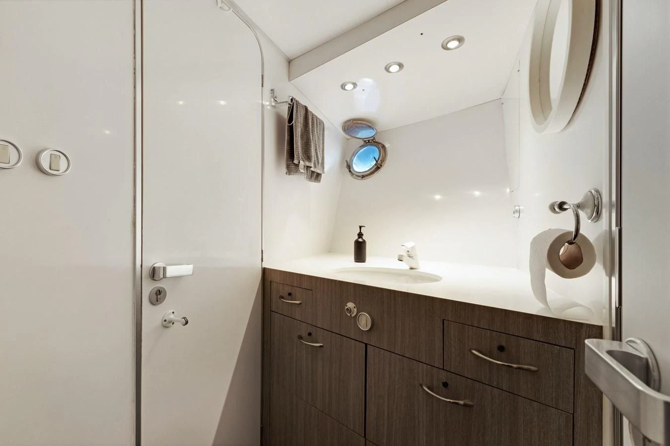 a bathroom with a sink and a shower aboard MARY KATHLENE Yacht for Sale