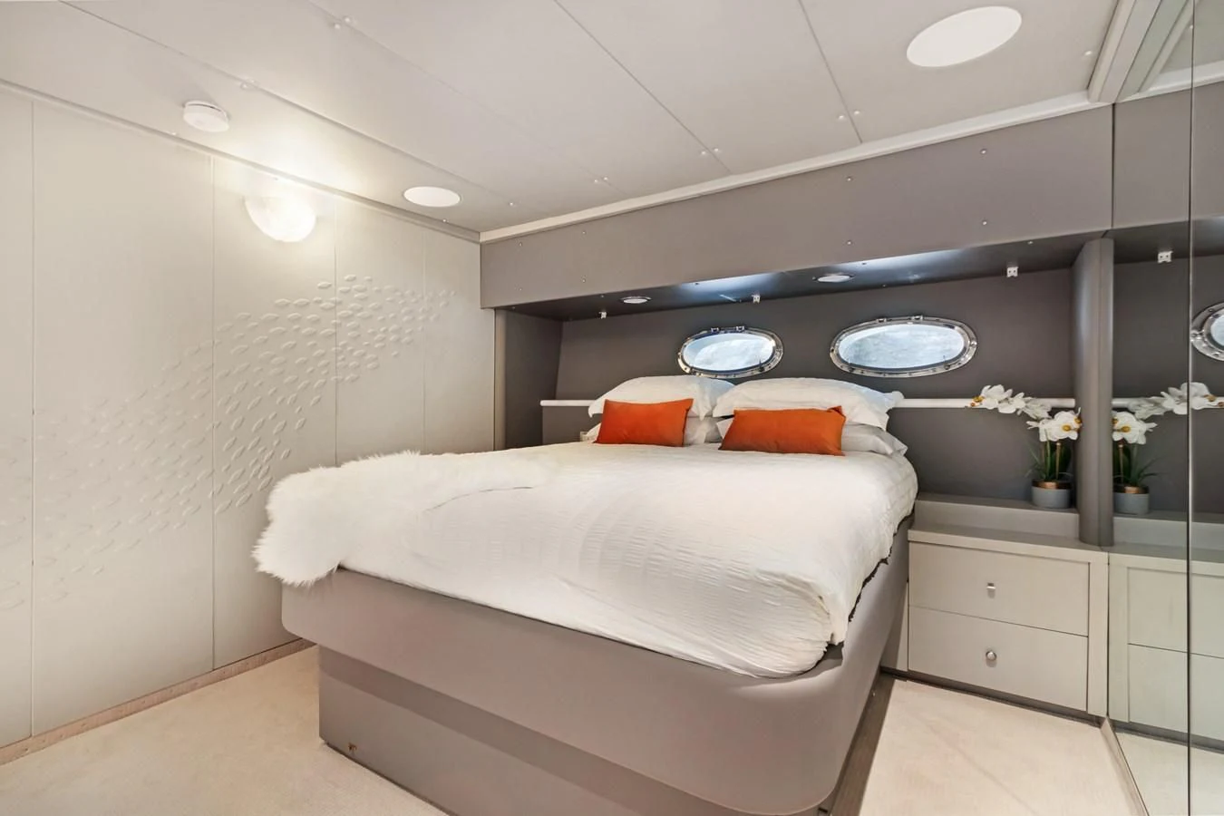 a white bed in a room aboard MARY KATHLENE Yacht for Sale