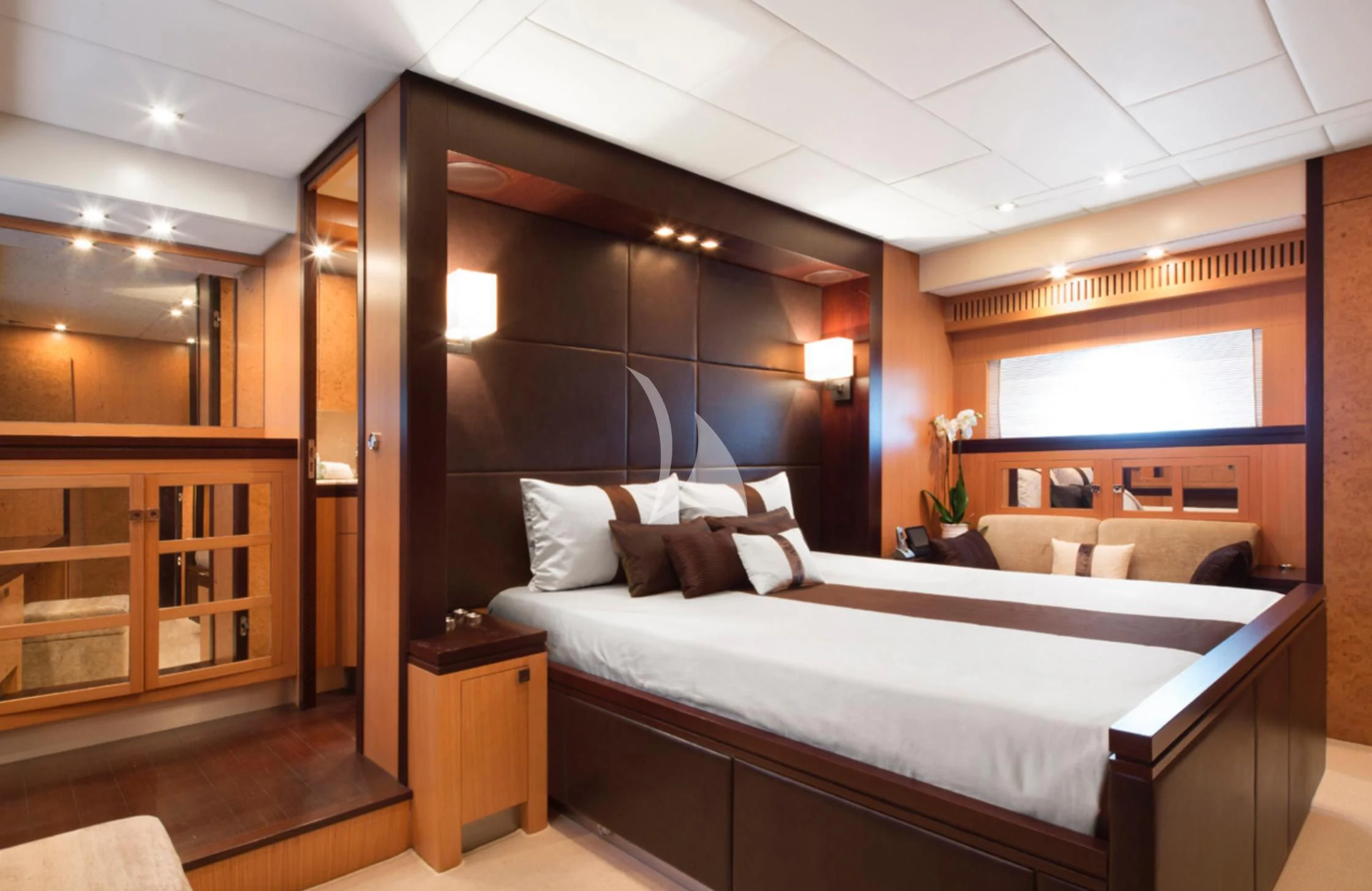 a bed in a room aboard EOL B Yacht for Sale
