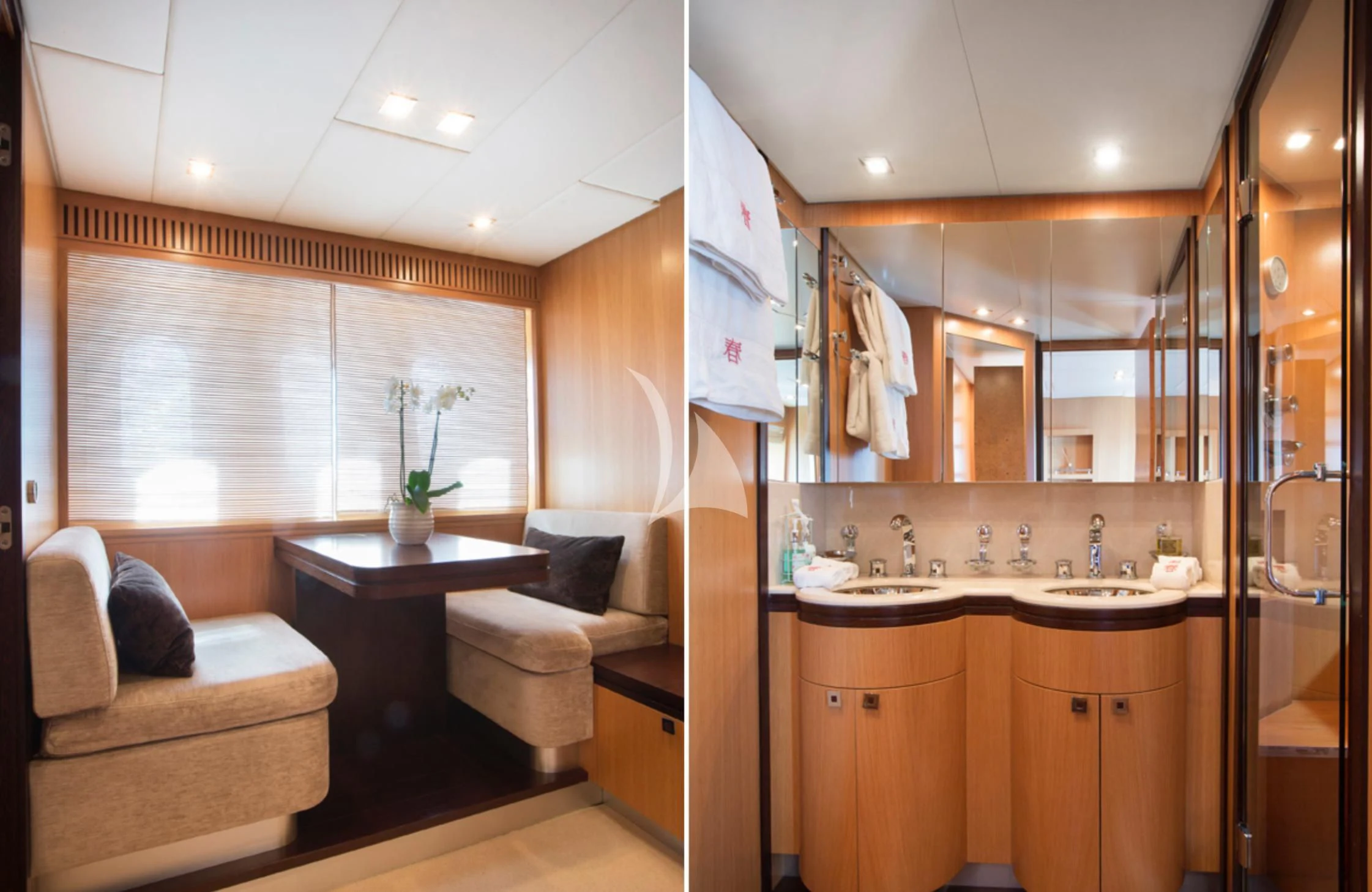 a modern bathroom with a sink and couch aboard EOL B Yacht for Sale