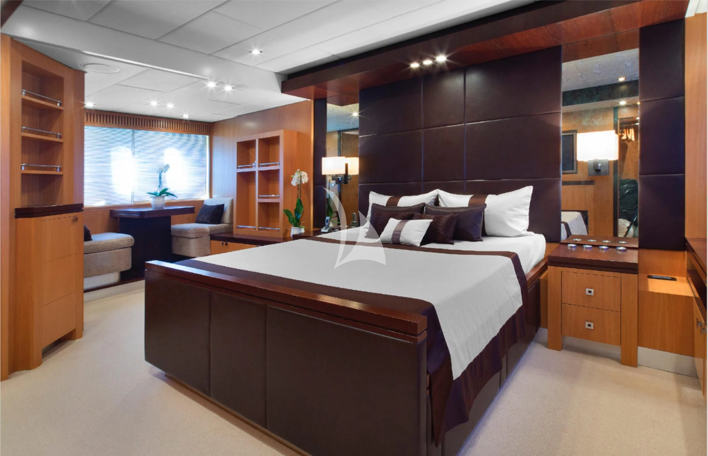 a bed in a room aboard EOL B Yacht for Sale