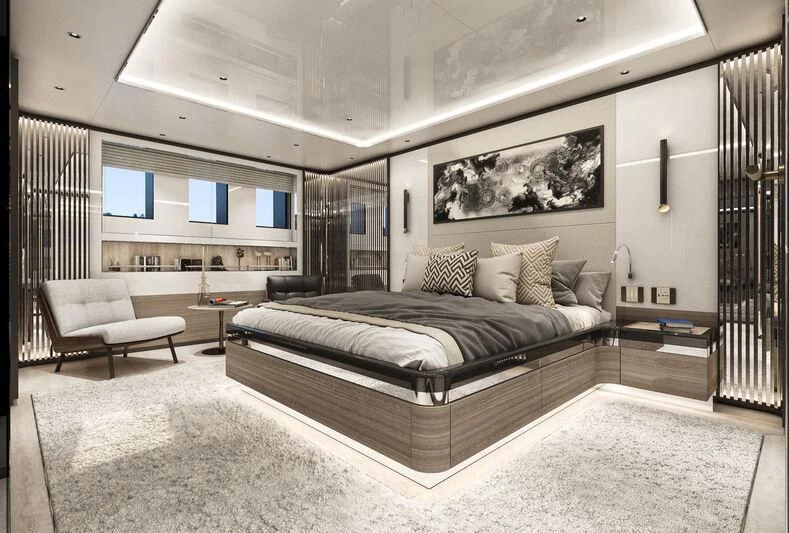 a large bed in a room aboard ETERNAL SPARK Yacht for Sale