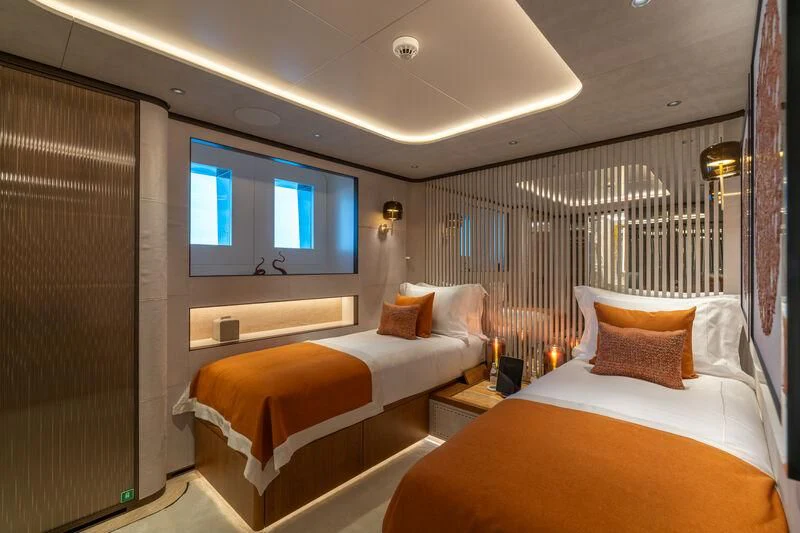 a room with two beds aboard ETERNAL SPARK Yacht for Sale