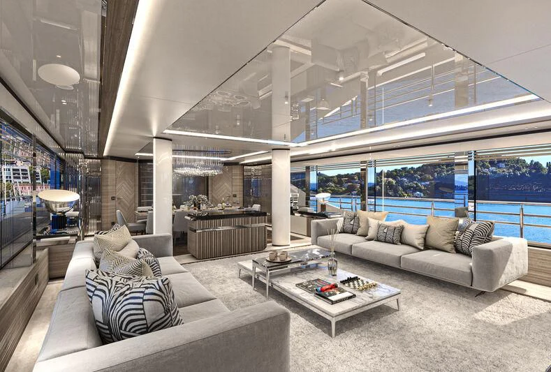 a living room with a large window aboard ETERNAL SPARK Yacht for Sale