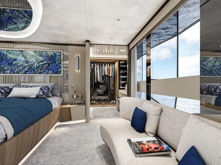 a living room with a large window aboard ETERNAL SPARK Yacht for Sale