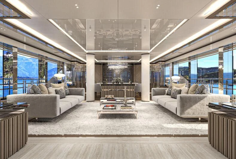 a living room with a large window aboard ETERNAL SPARK Yacht for Sale