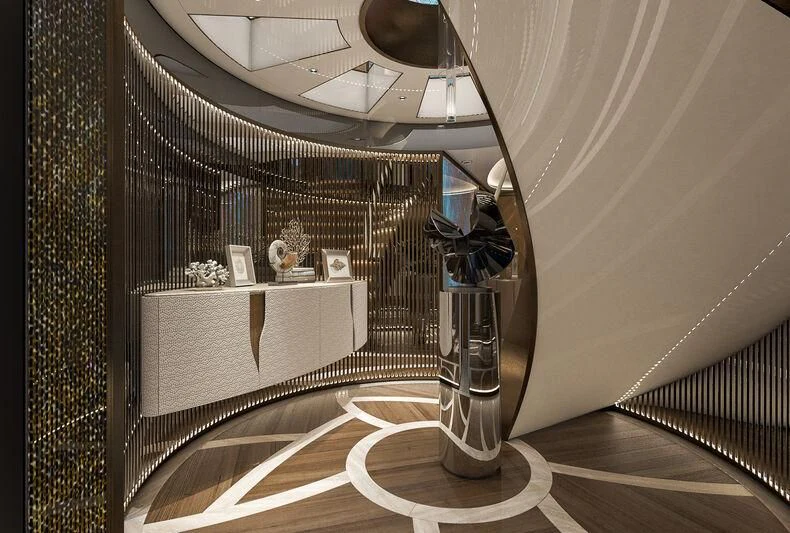 a room with a bed and a lamp aboard ETERNAL SPARK Yacht for Sale