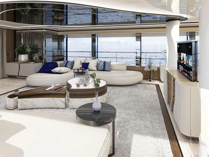 a living room with a large window aboard ETERNAL SPARK Yacht for Sale