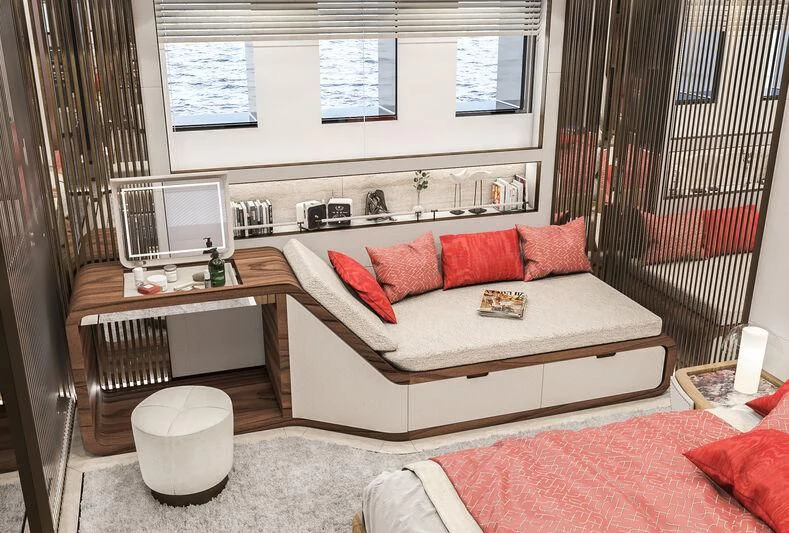 a bed and a desk in a room aboard ETERNAL SPARK Yacht for Sale