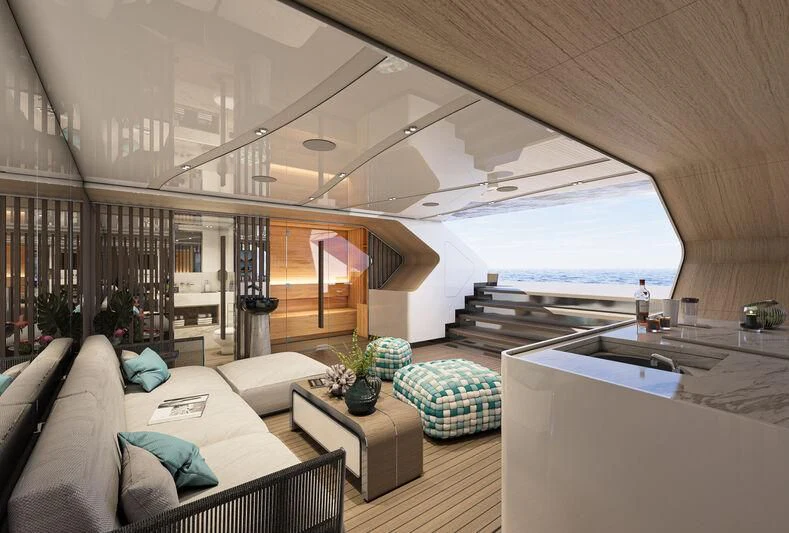 a room with a large window and a view of the ocean aboard ETERNAL SPARK Yacht for Sale