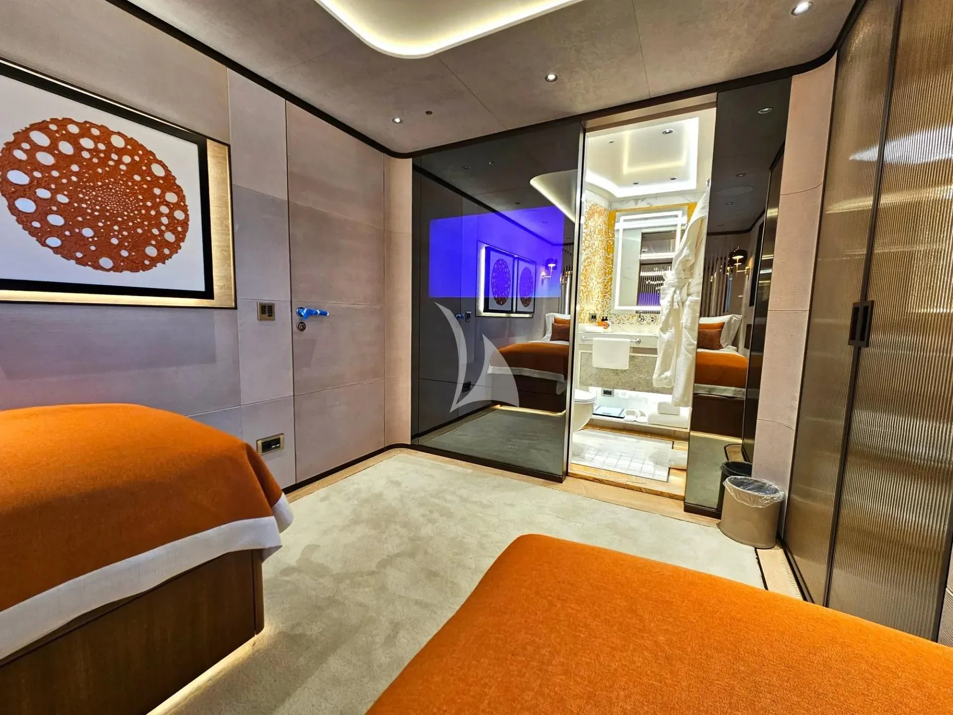 a room with a bed and a door aboard ETERNAL SPARK Yacht for Sale