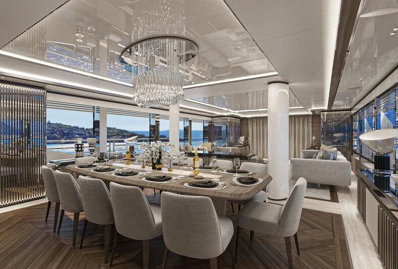a large room with a table and chairs aboard ETERNAL SPARK Yacht for Sale
