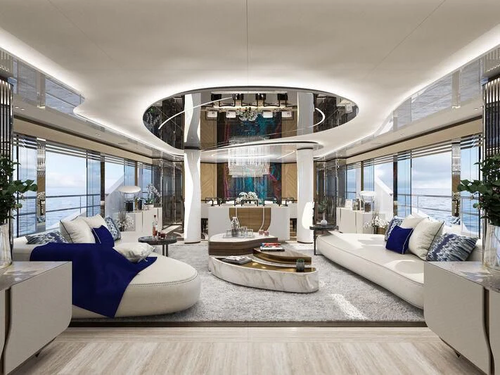 a modern living room with a large glass wall aboard ETERNAL SPARK Yacht for Sale