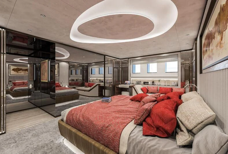 a bedroom with a bed and a large window aboard ETERNAL SPARK Yacht for Sale