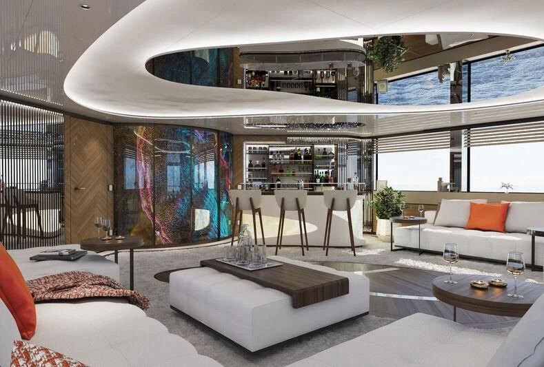 a modern living room with a glass wall aboard ETERNAL SPARK Yacht for Sale