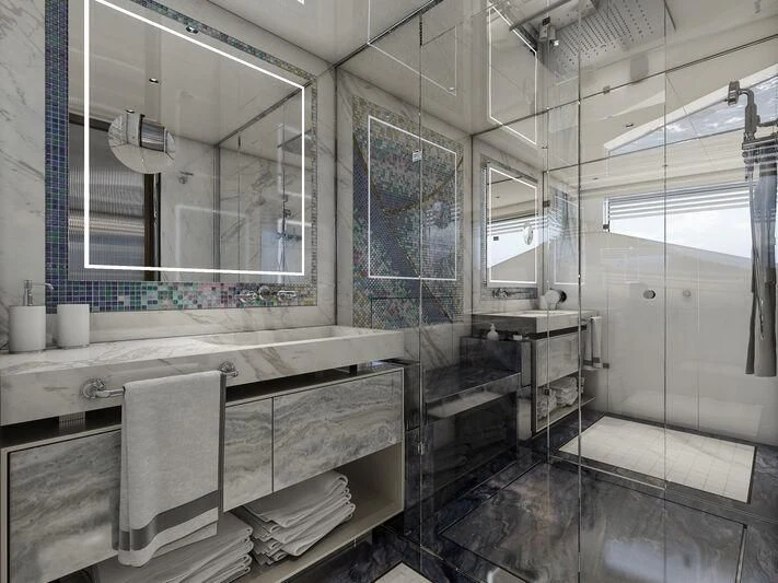 a bathroom with a large mirror aboard ETERNAL SPARK Yacht for Sale