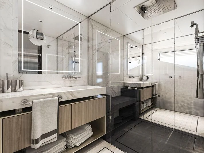 a bathroom with a large mirror aboard ETERNAL SPARK Yacht for Sale
