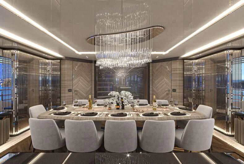 a large dining room with a large chandelier aboard ETERNAL SPARK Yacht for Sale
