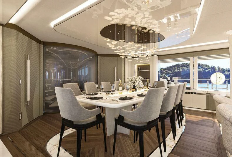 a dining room with a chandelier aboard ETERNAL SPARK Yacht for Sale