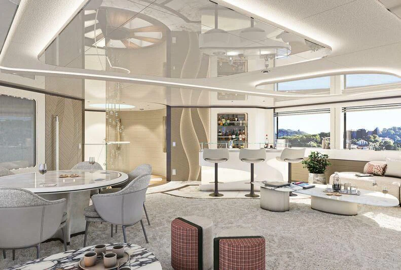 a room with tables and chairs aboard ETERNAL SPARK Yacht for Sale