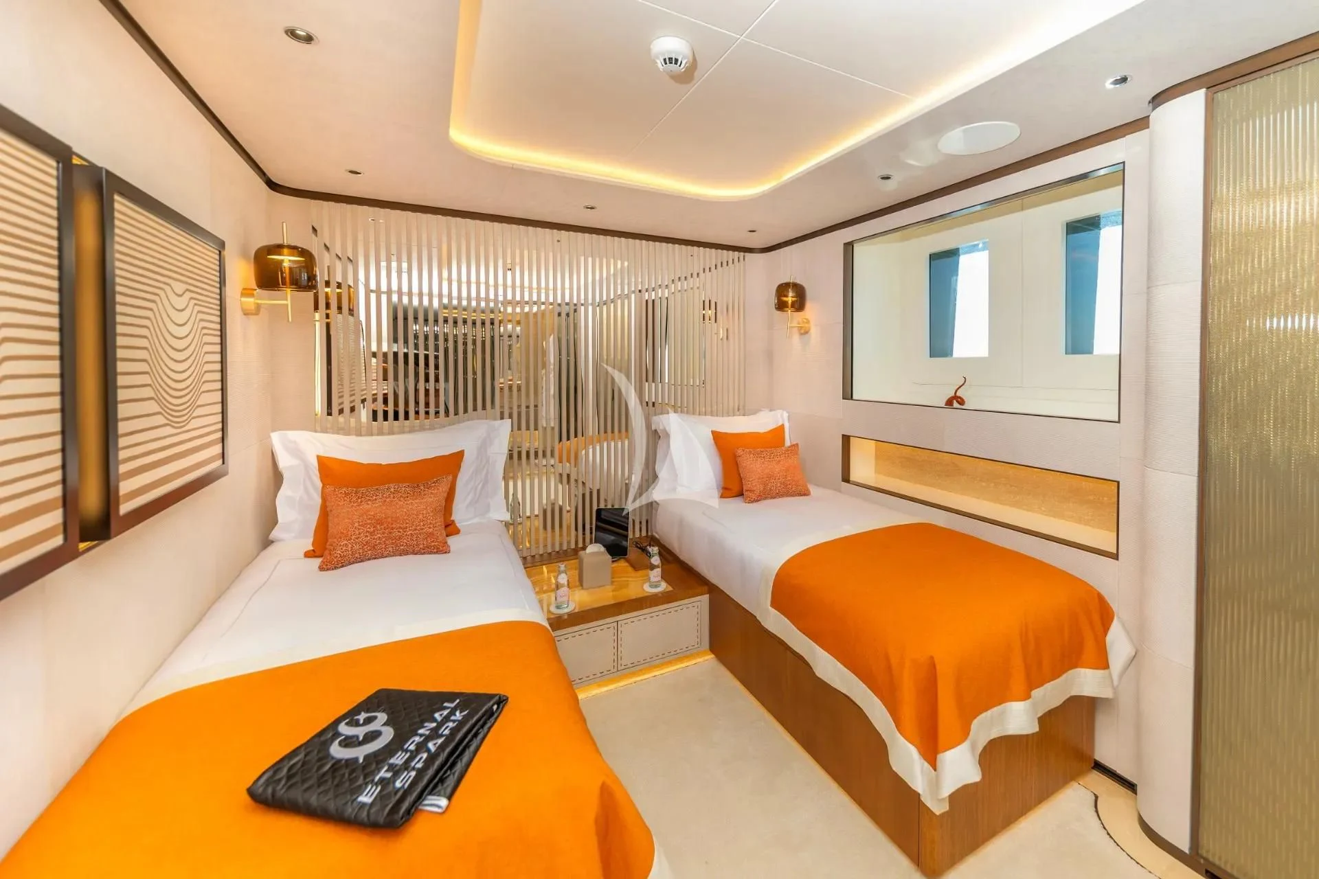 a room with two beds aboard ETERNAL SPARK Yacht for Sale