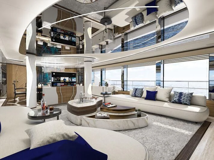 a living room with a large window aboard ETERNAL SPARK Yacht for Sale