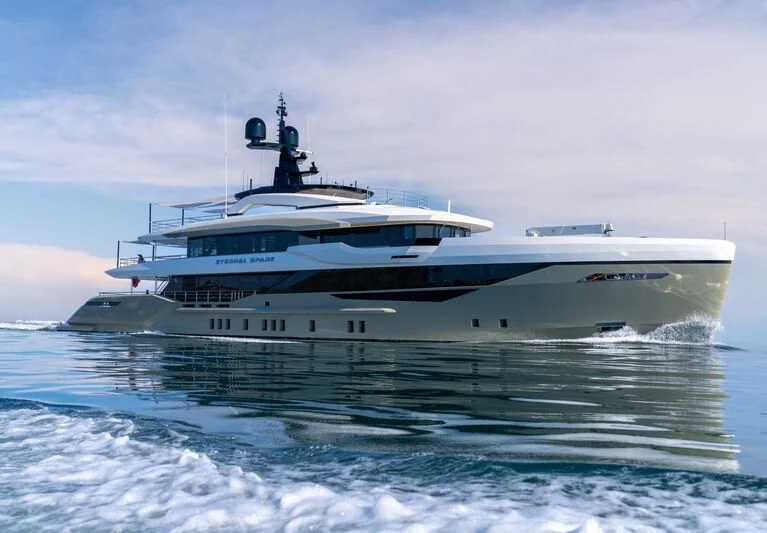 a white yacht in the ocean aboard ETERNAL SPARK Yacht for Sale