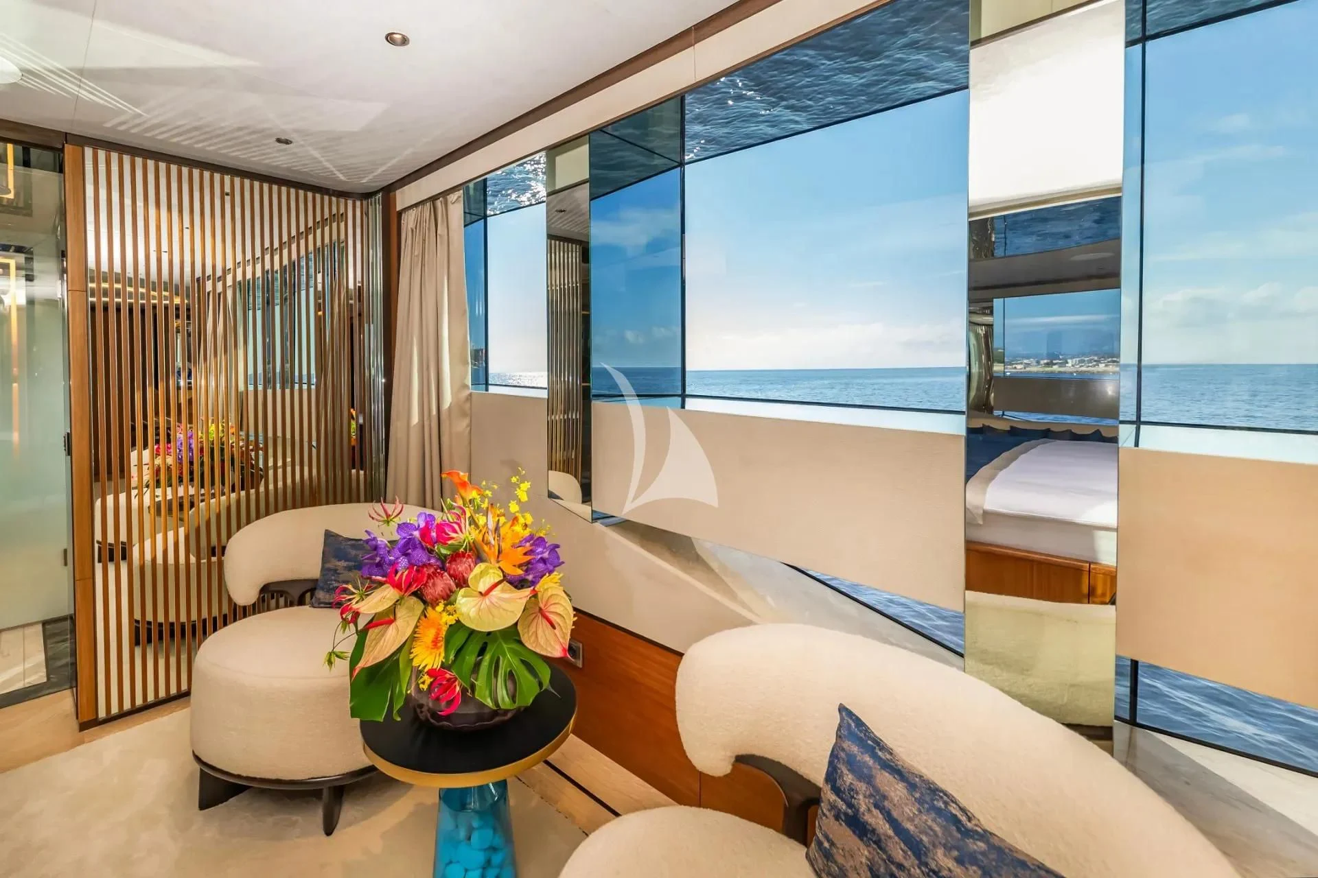 a room with a large window aboard ETERNAL SPARK Yacht for Sale