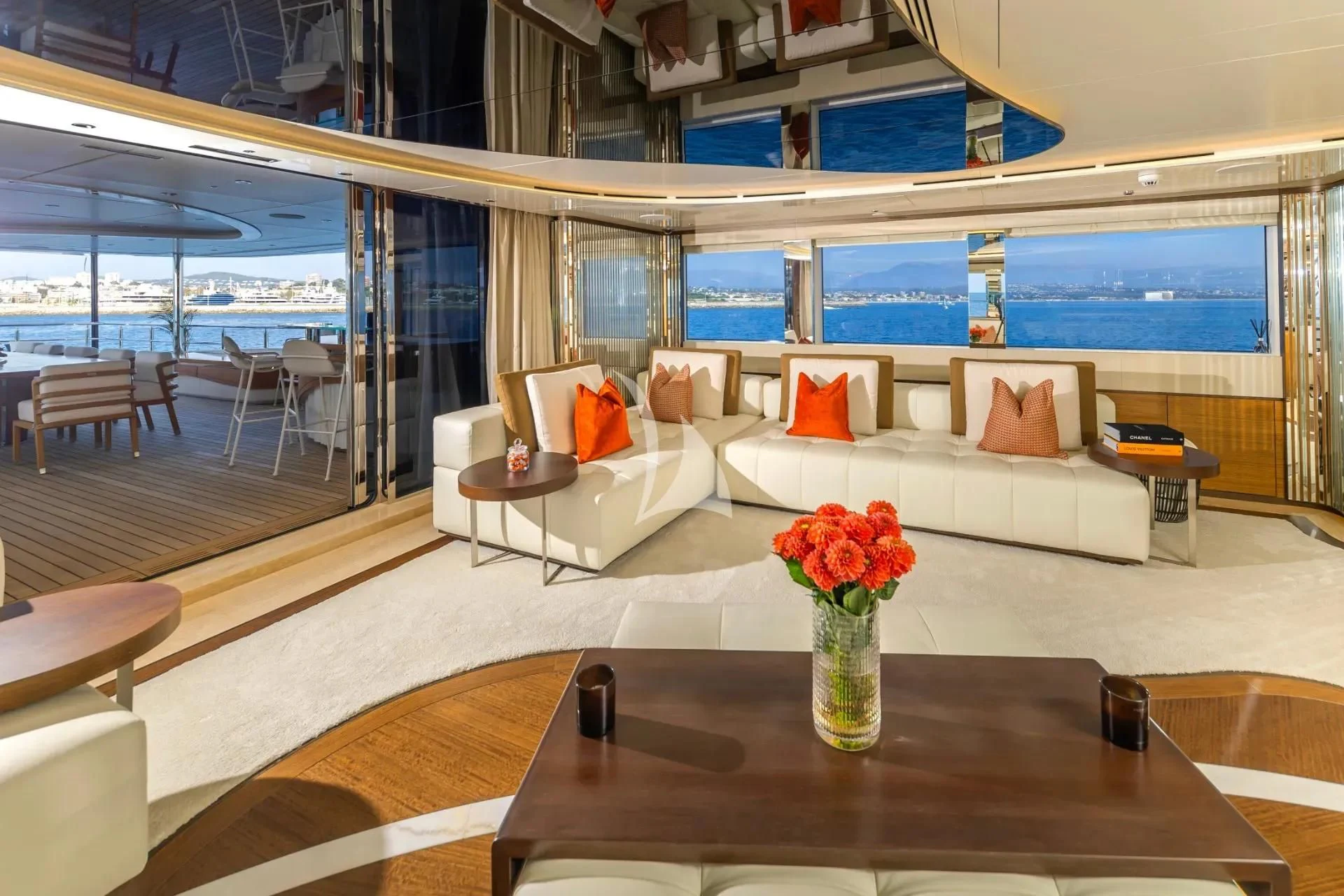 a living room with a large window aboard ETERNAL SPARK Yacht for Sale