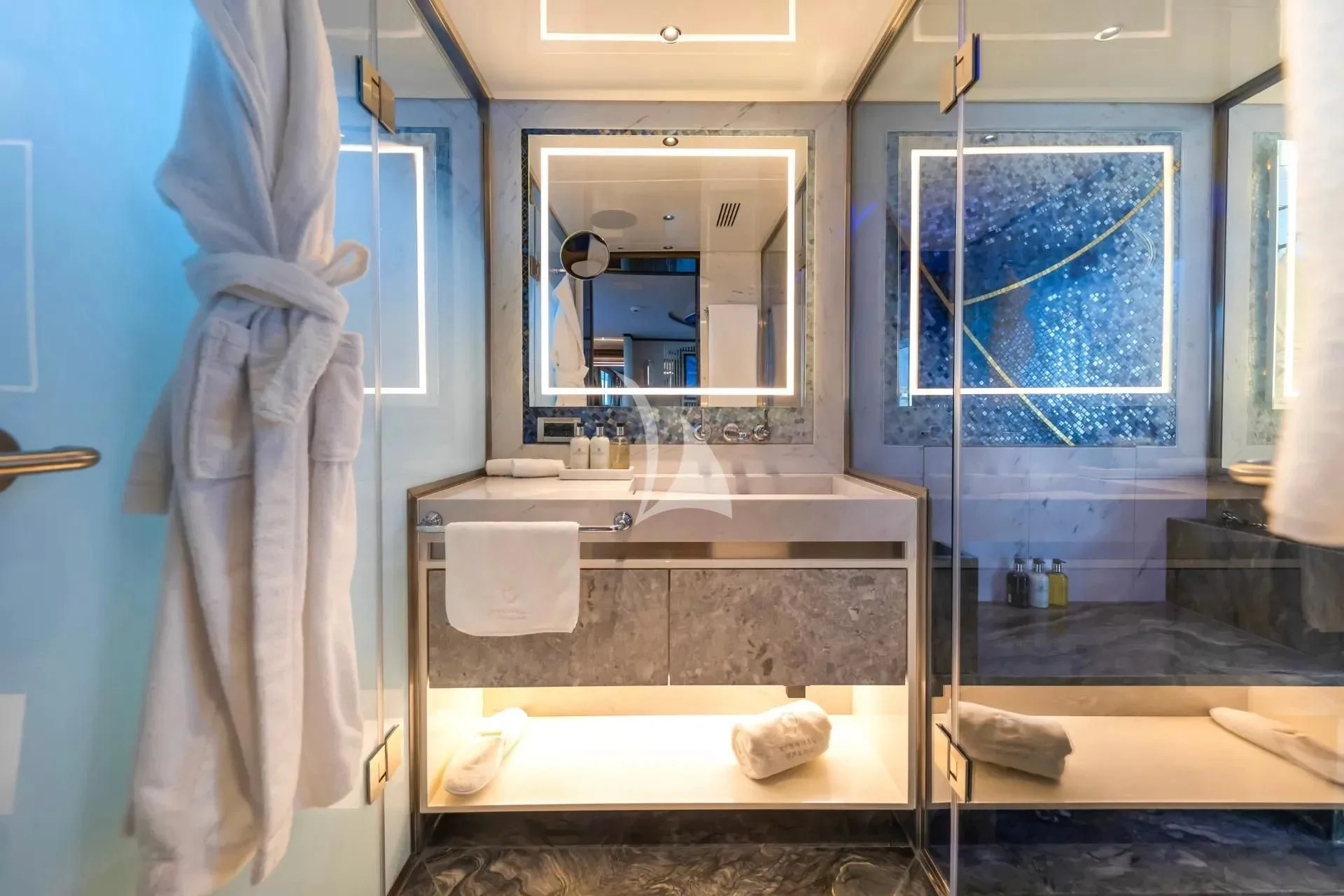 a bathroom with a large mirror aboard ETERNAL SPARK Yacht for Sale