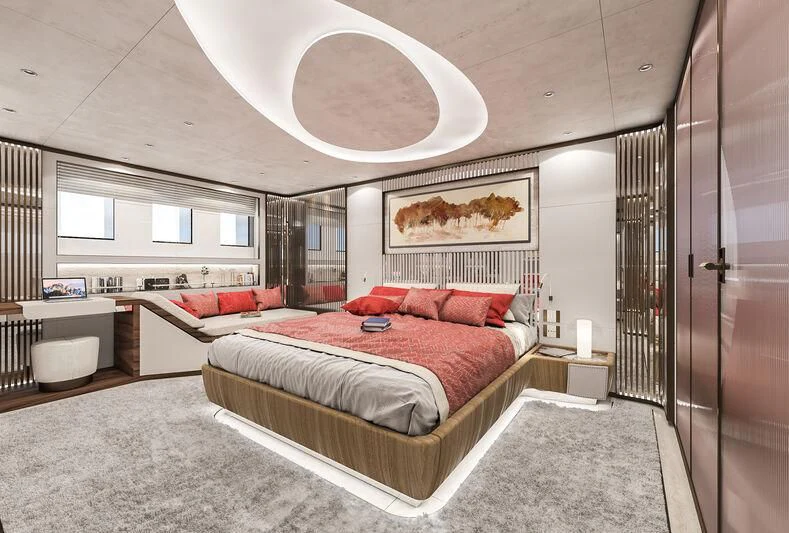a large bedroom with a large bed aboard ETERNAL SPARK Yacht for Sale