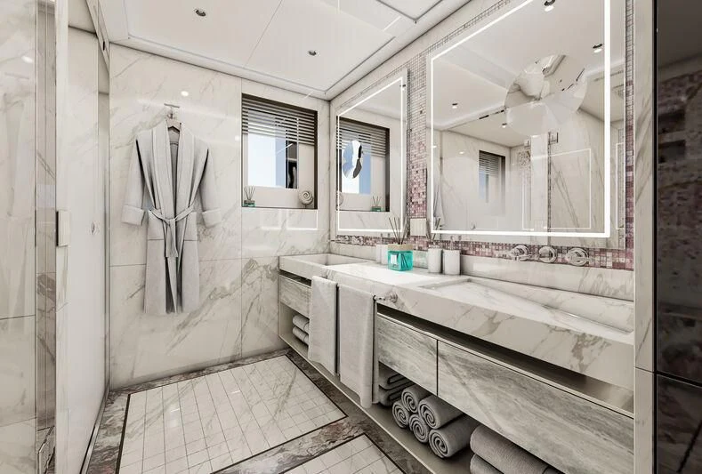a bathroom with a large mirror aboard ETERNAL SPARK Yacht for Sale