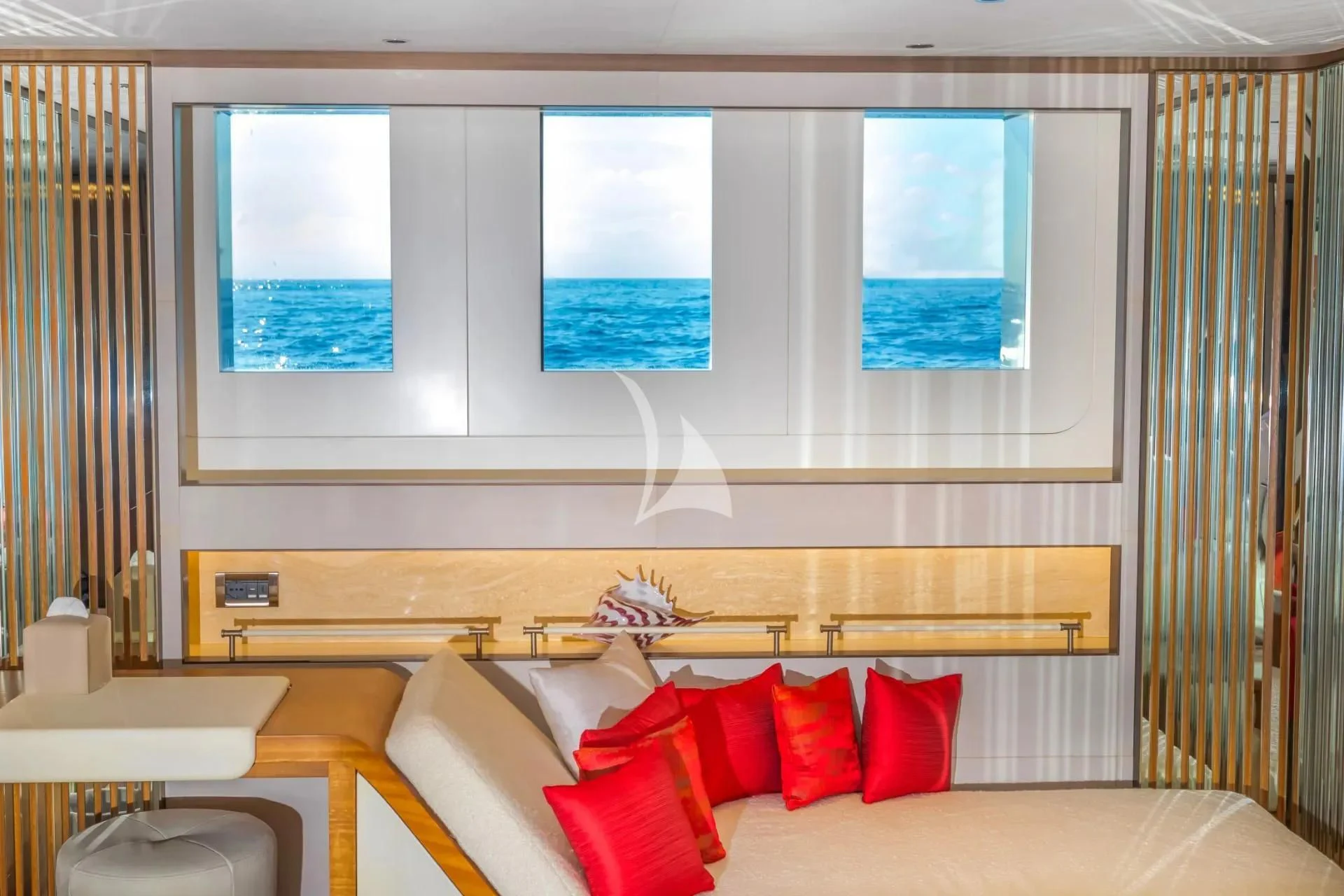 a room with a bed and a window aboard ETERNAL SPARK Yacht for Sale