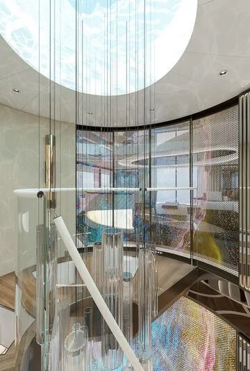 a view of a city through a glass window aboard ETERNAL SPARK Yacht for Sale