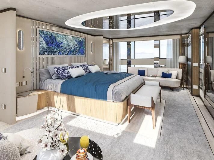 a large bedroom with a large bed aboard ETERNAL SPARK Yacht for Sale