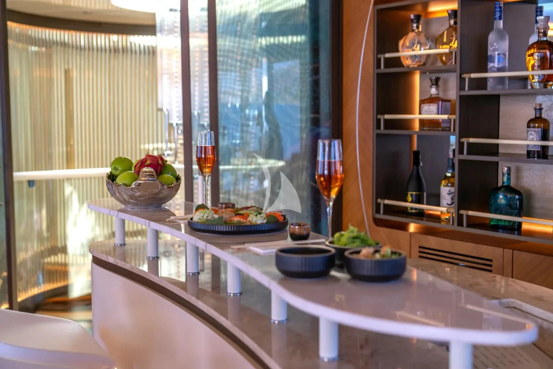 a kitchen with a table and a window aboard ETERNAL SPARK Yacht for Sale