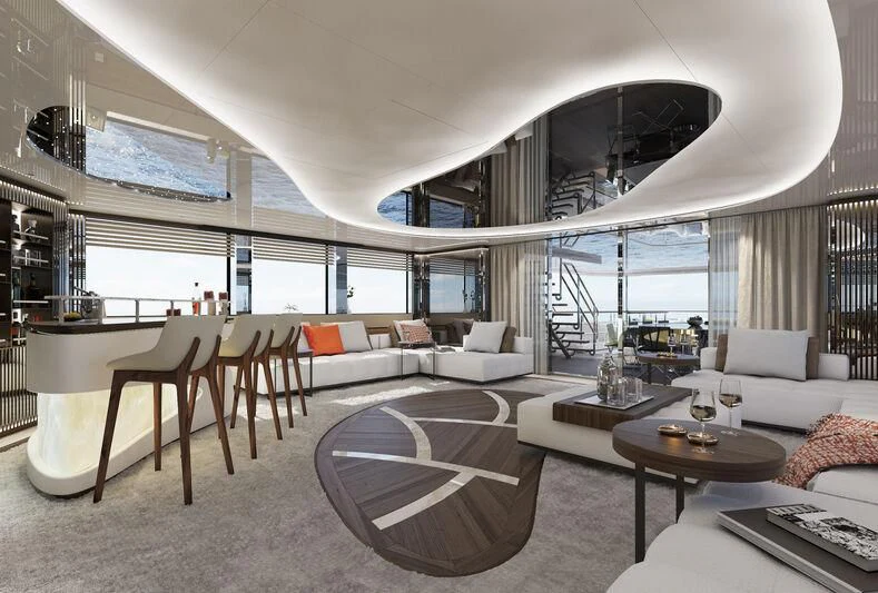 a living room with a large window aboard ETERNAL SPARK Yacht for Sale