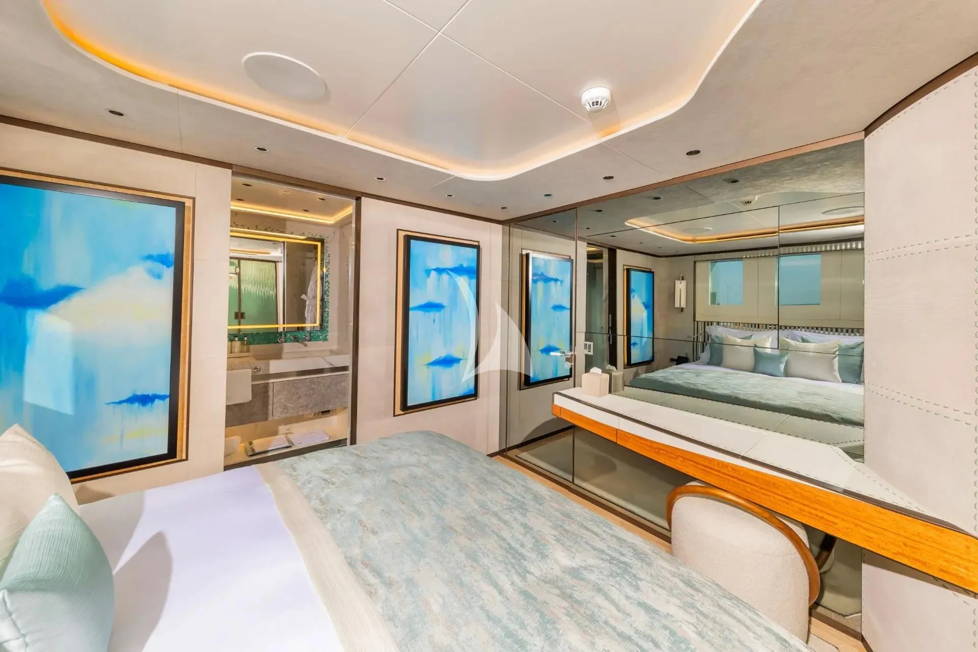 a room with a bed and a large mirror aboard ETERNAL SPARK Yacht for Sale