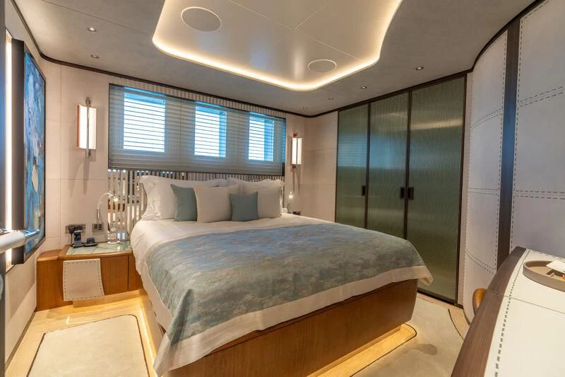 a bed in a room aboard ETERNAL SPARK Yacht for Sale