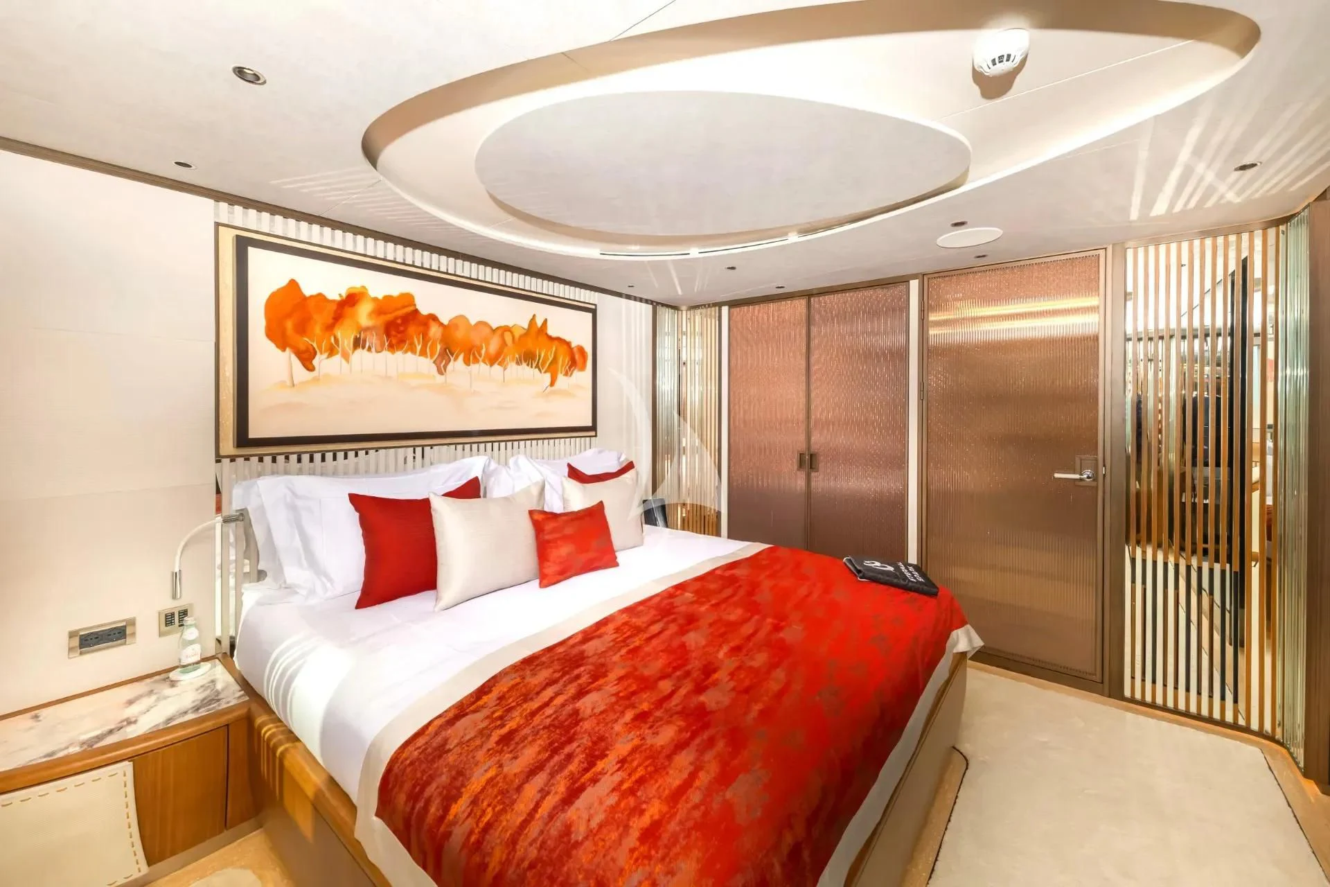 a bed in a room aboard ETERNAL SPARK Yacht for Sale