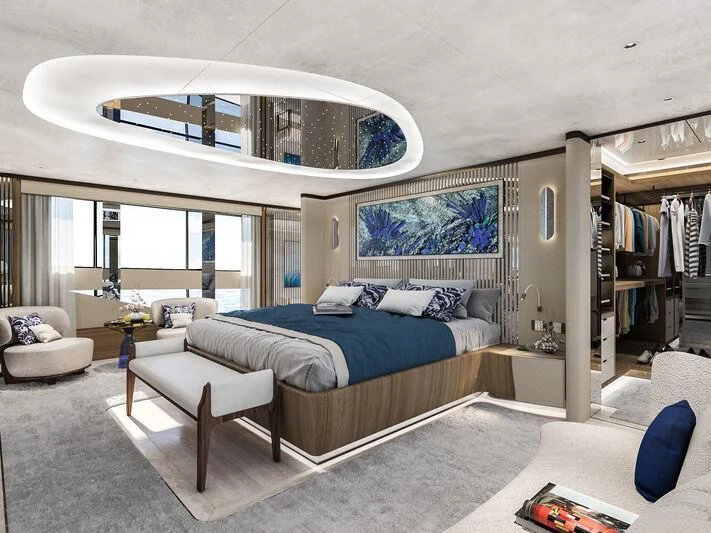 a bedroom with a large mirror aboard ETERNAL SPARK Yacht for Sale