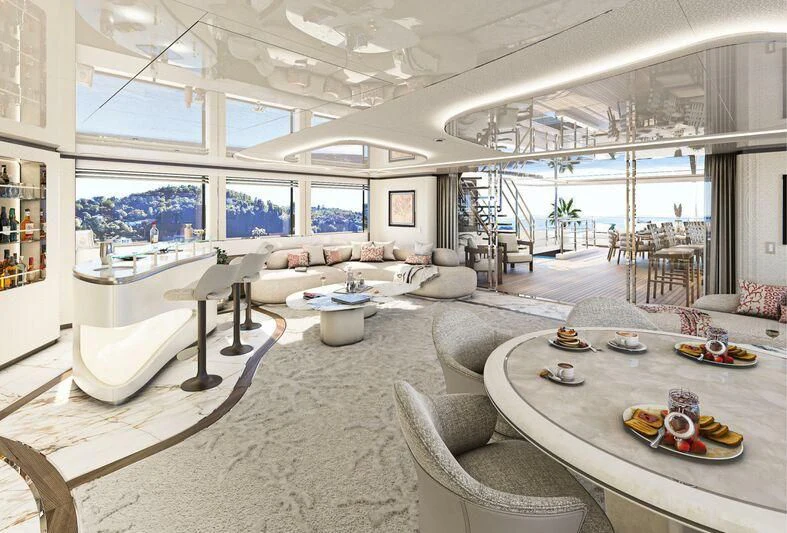 a living room with a large glass window aboard ETERNAL SPARK Yacht for Sale