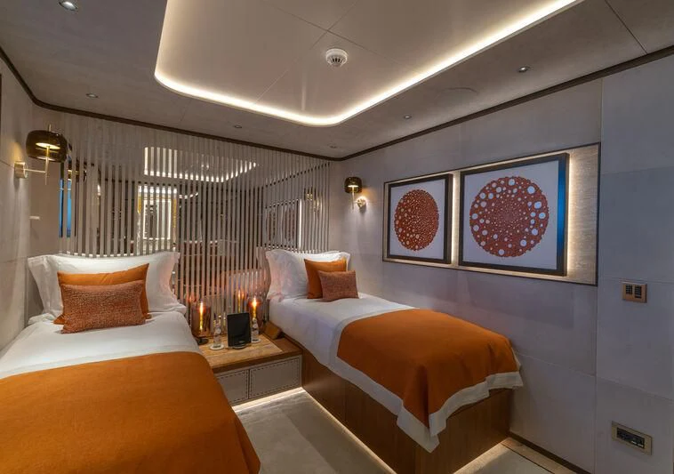a room with two beds aboard ETERNAL SPARK Yacht for Sale
