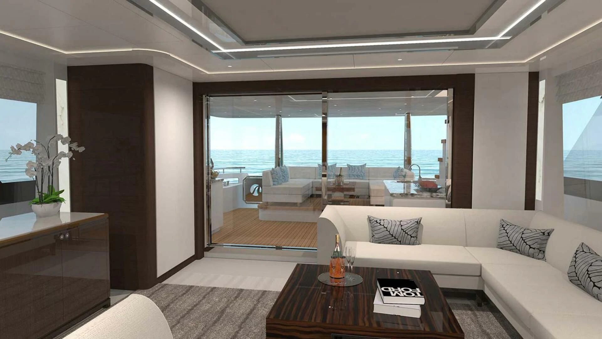 a living room with a large window aboard DRINKABILITY Yacht for Sale
